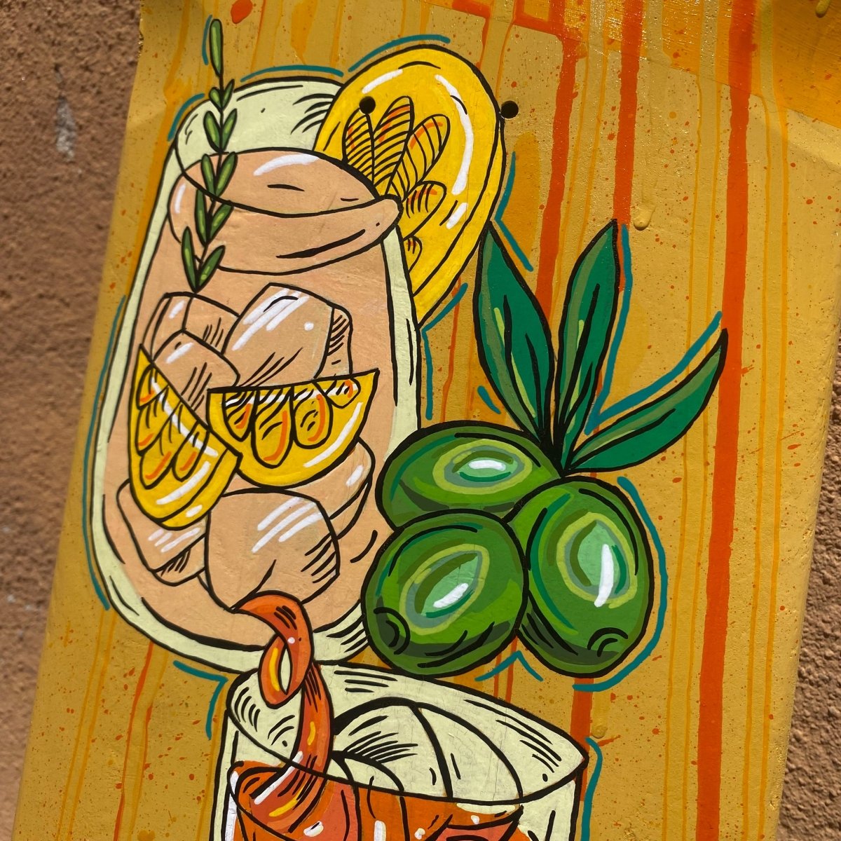 Hand-Painted Skateboard Deck – Spanish Tapas & Cocktail_endorphin art