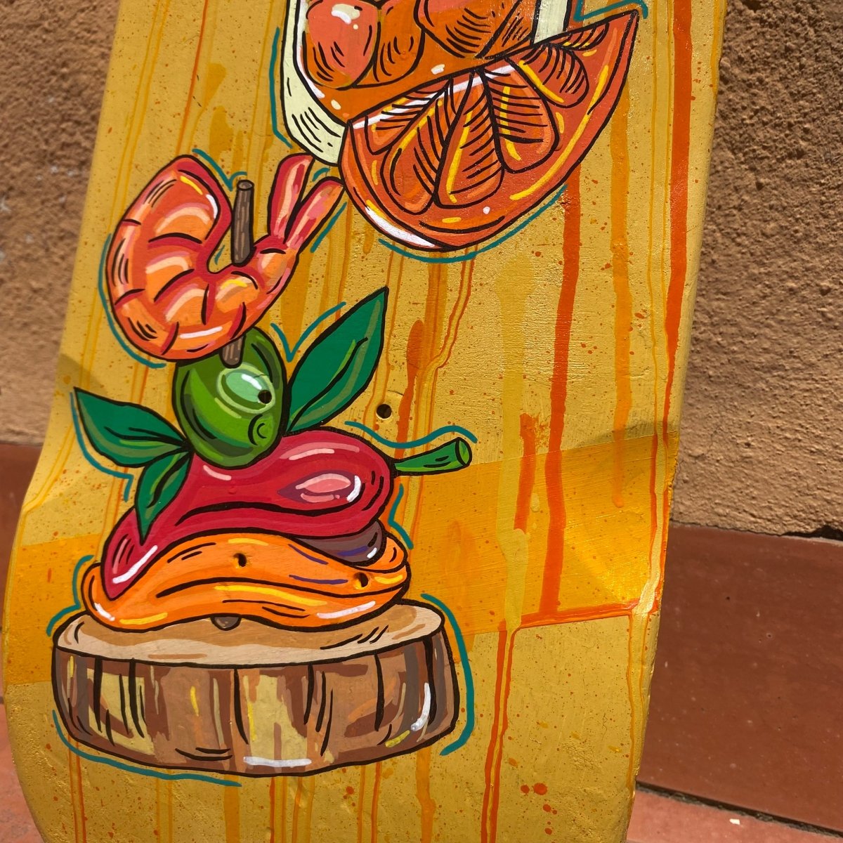 Hand-Painted Skateboard Deck – Spanish Tapas & Cocktail_endorphin art