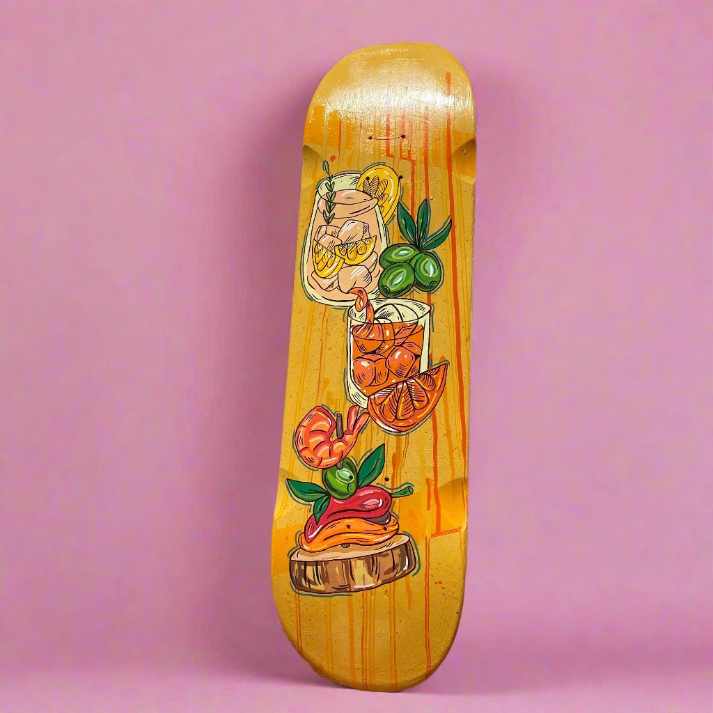 Hand-Painted Skateboard Deck – Spanish Tapas & Cocktail_endorphin art