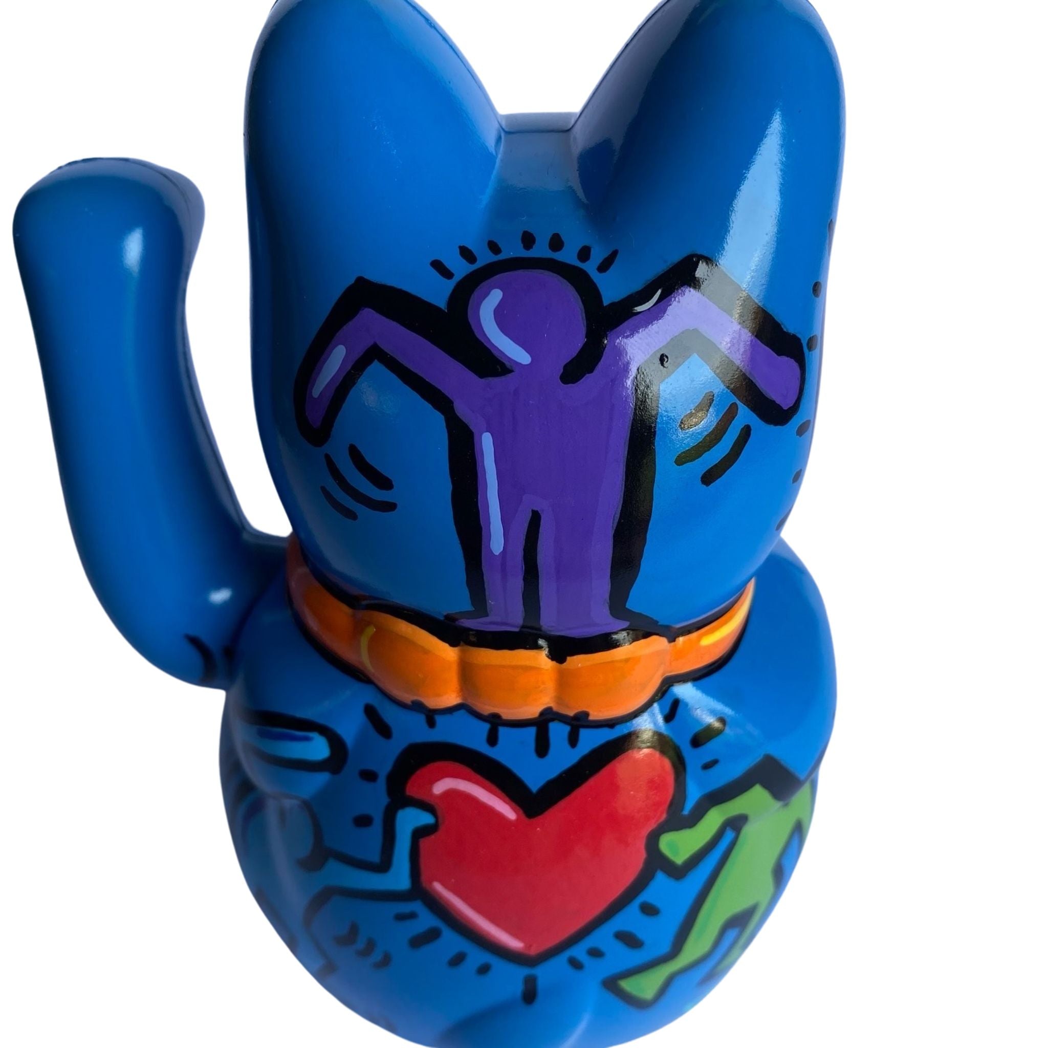 Blue Keith Haring print on a Lucky Cat back view on a white background