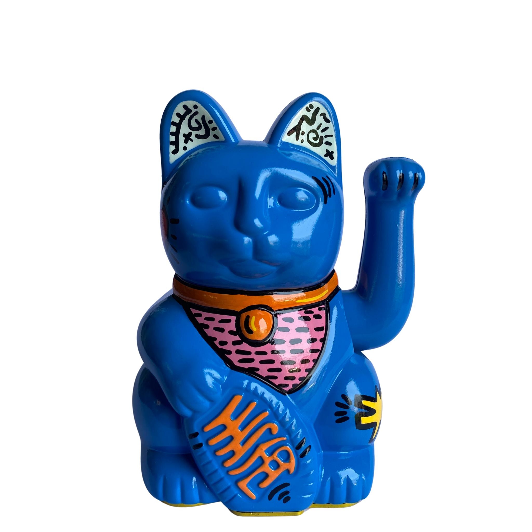 Blue cat-shaped figurine with colorful design on a white background
