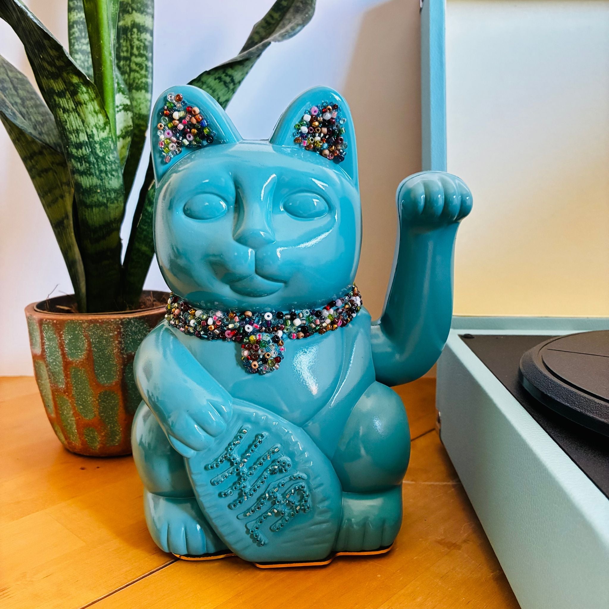 Maneki Neko Turquoise Lucky Cat Figurine - 14x20cm_endorphin art