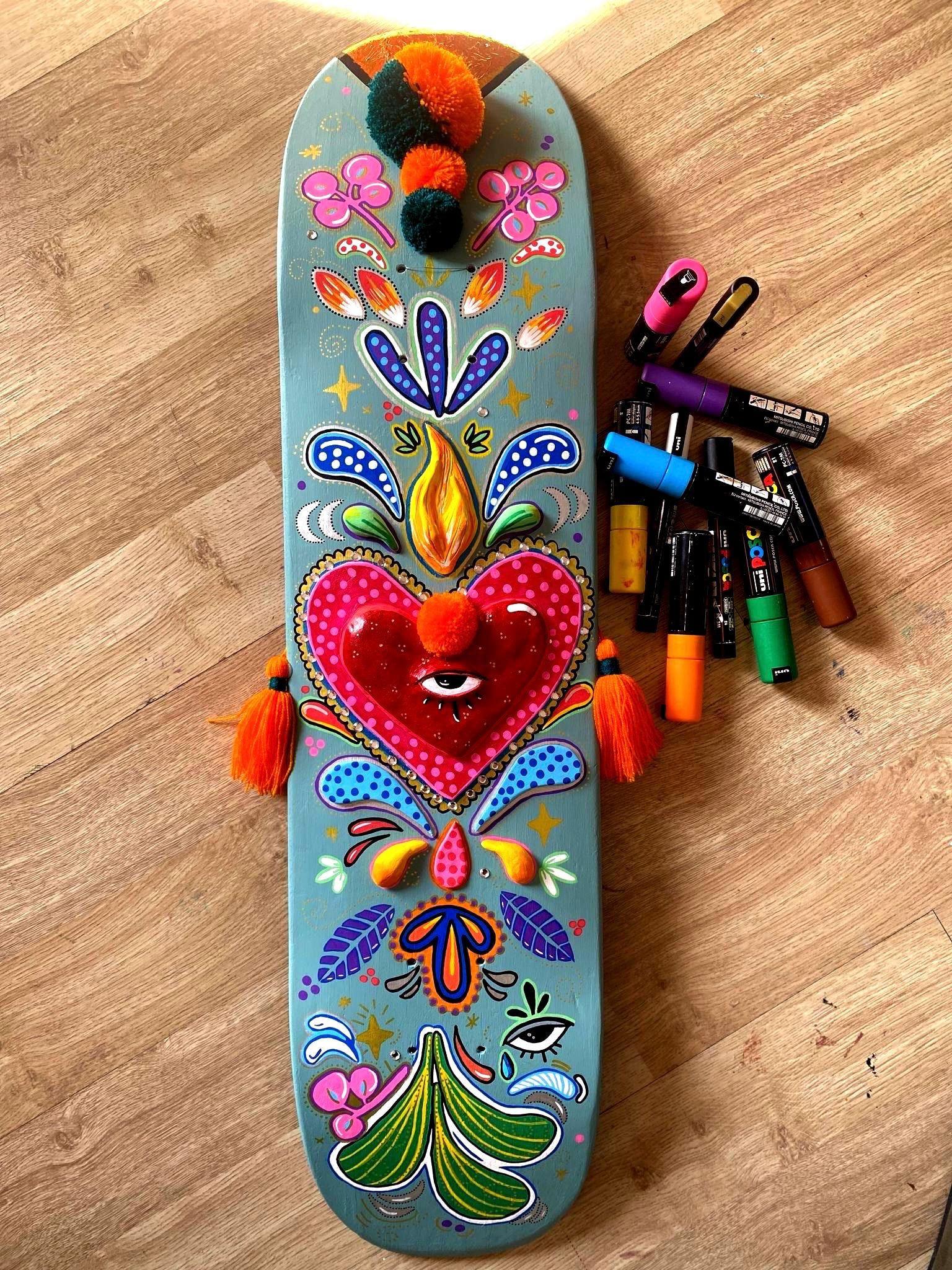 Hand-Painted Skateboard Deck - Sacred Heart_acrylic paint_endorphin art