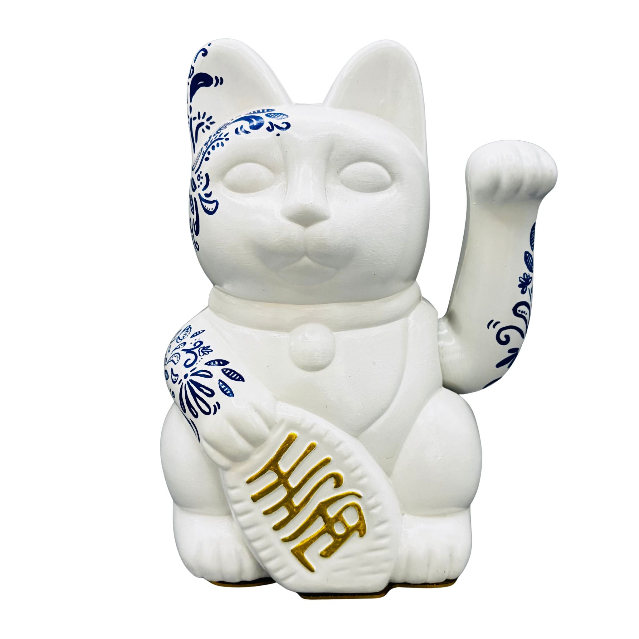 White lucky cat figurine with blue patterns 