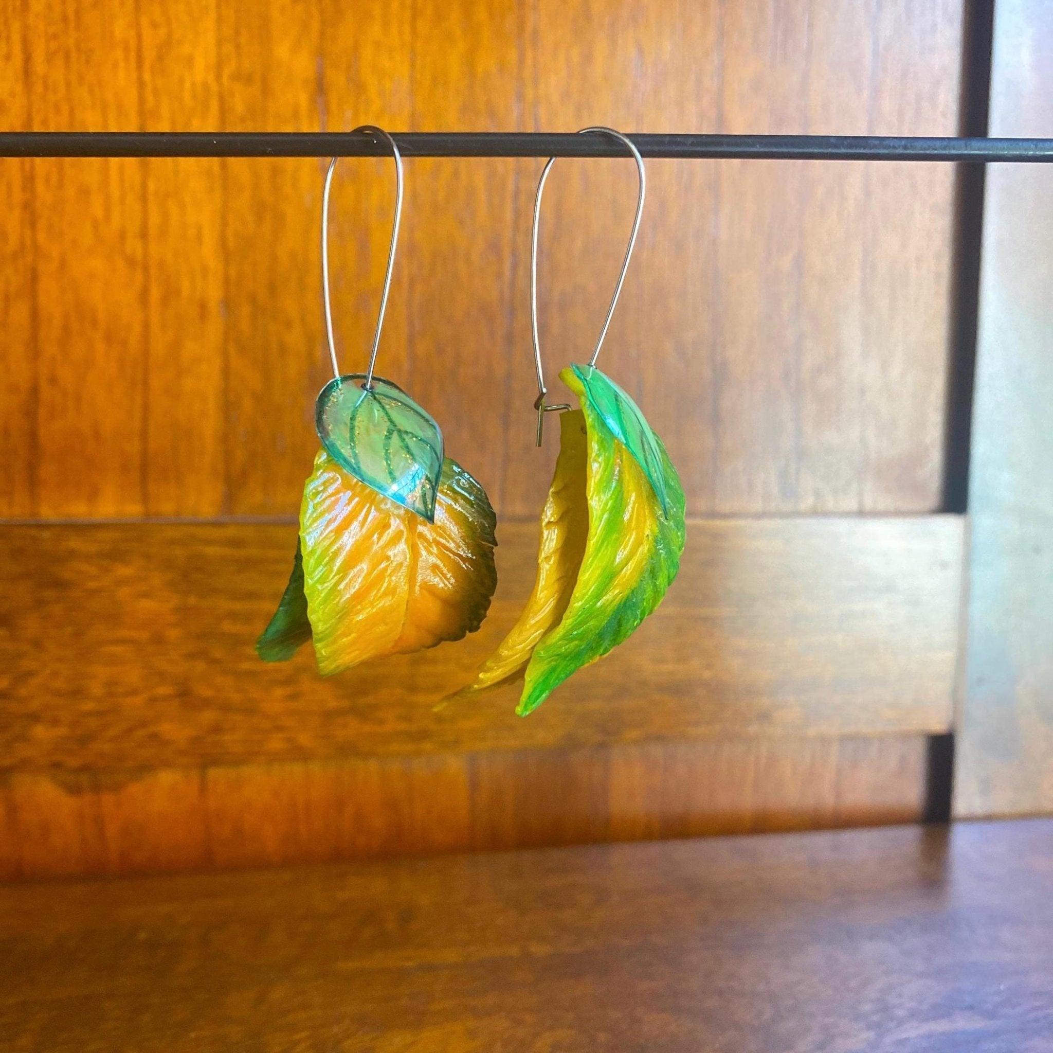Green Yellow Leaf Drop Earrings - endorphin art