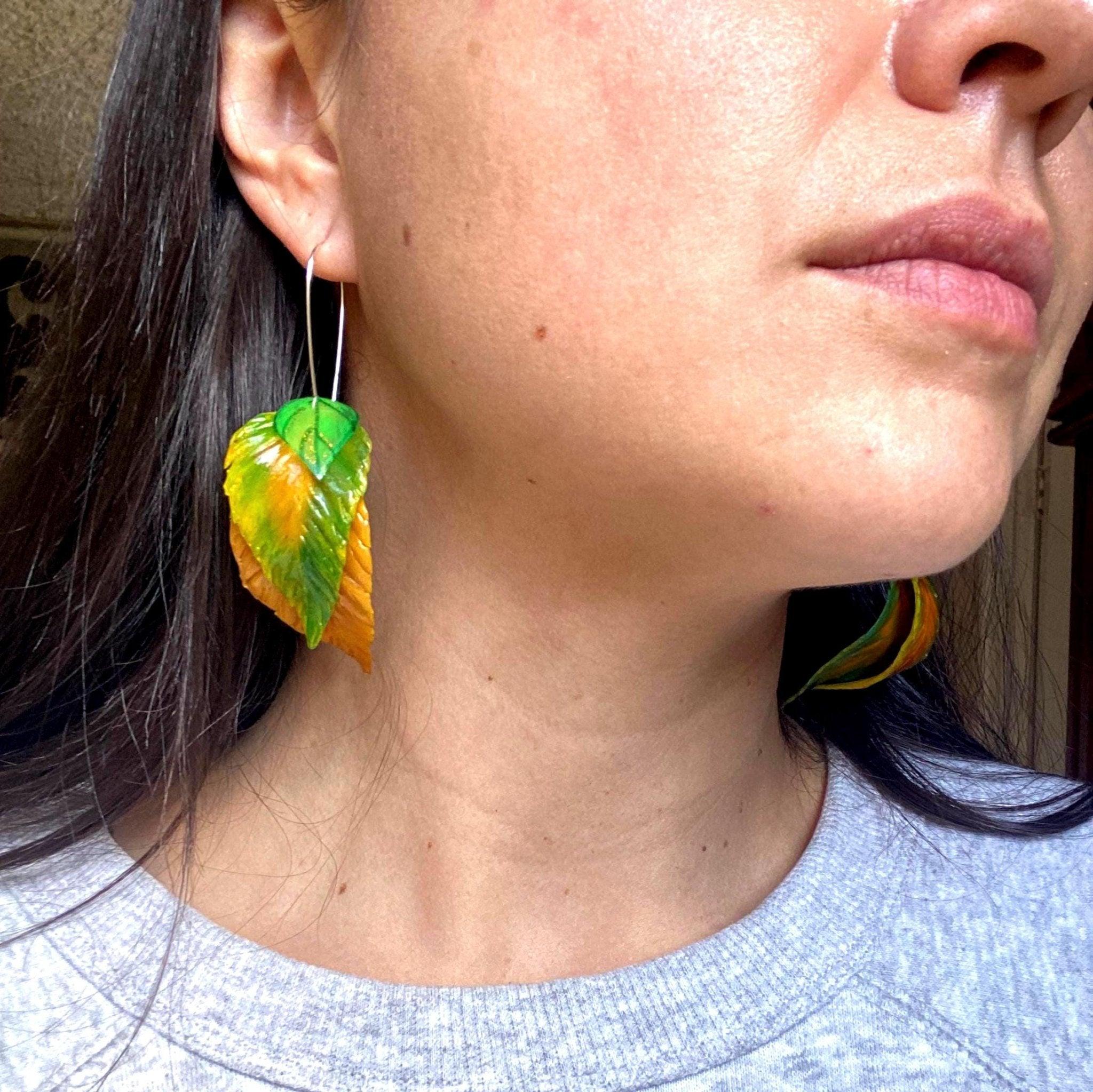 Green Yellow Leaf Drop Earrings - endorphin art