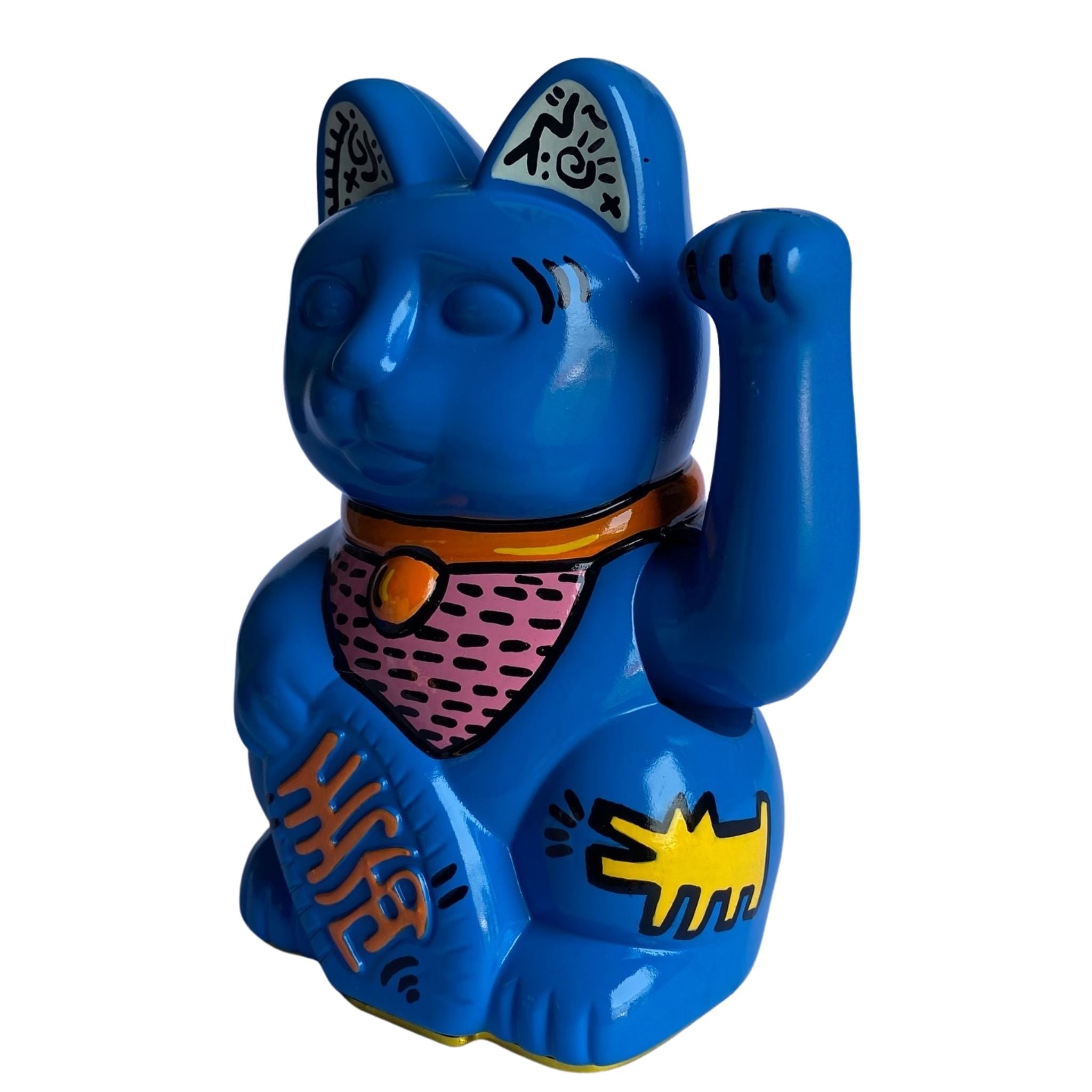 Blue cat-shaped figurine with a raised paw on a white background