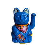 Blue cat-shaped figurine with colorful design on a white background