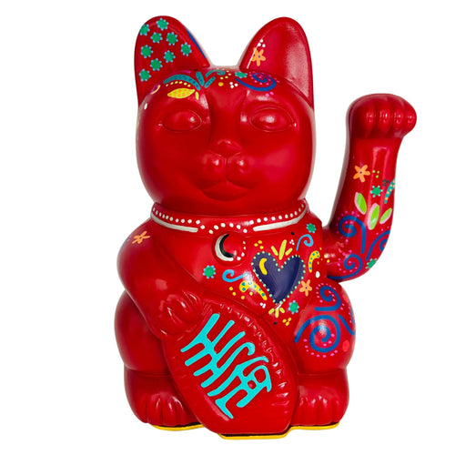 Maneki Neko Red Folk Art Lucky Cat Figurine - 14x20cm_endorphin art