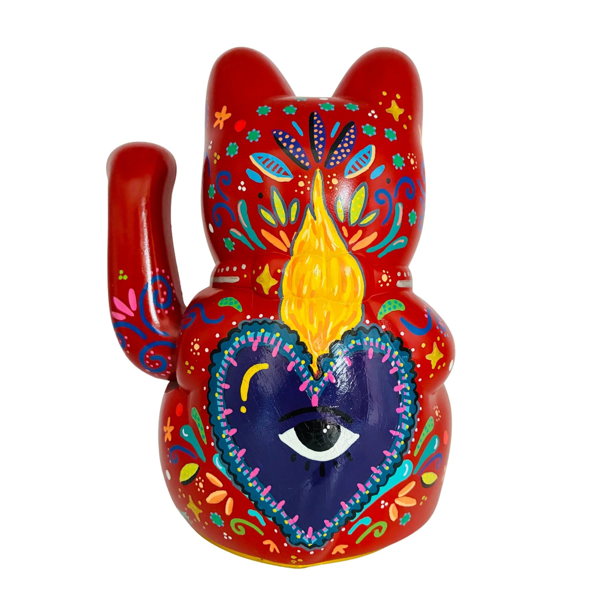 Maneki Neko Red Folk Art Lucky Cat Figurine - 14x20cm_endorphin art