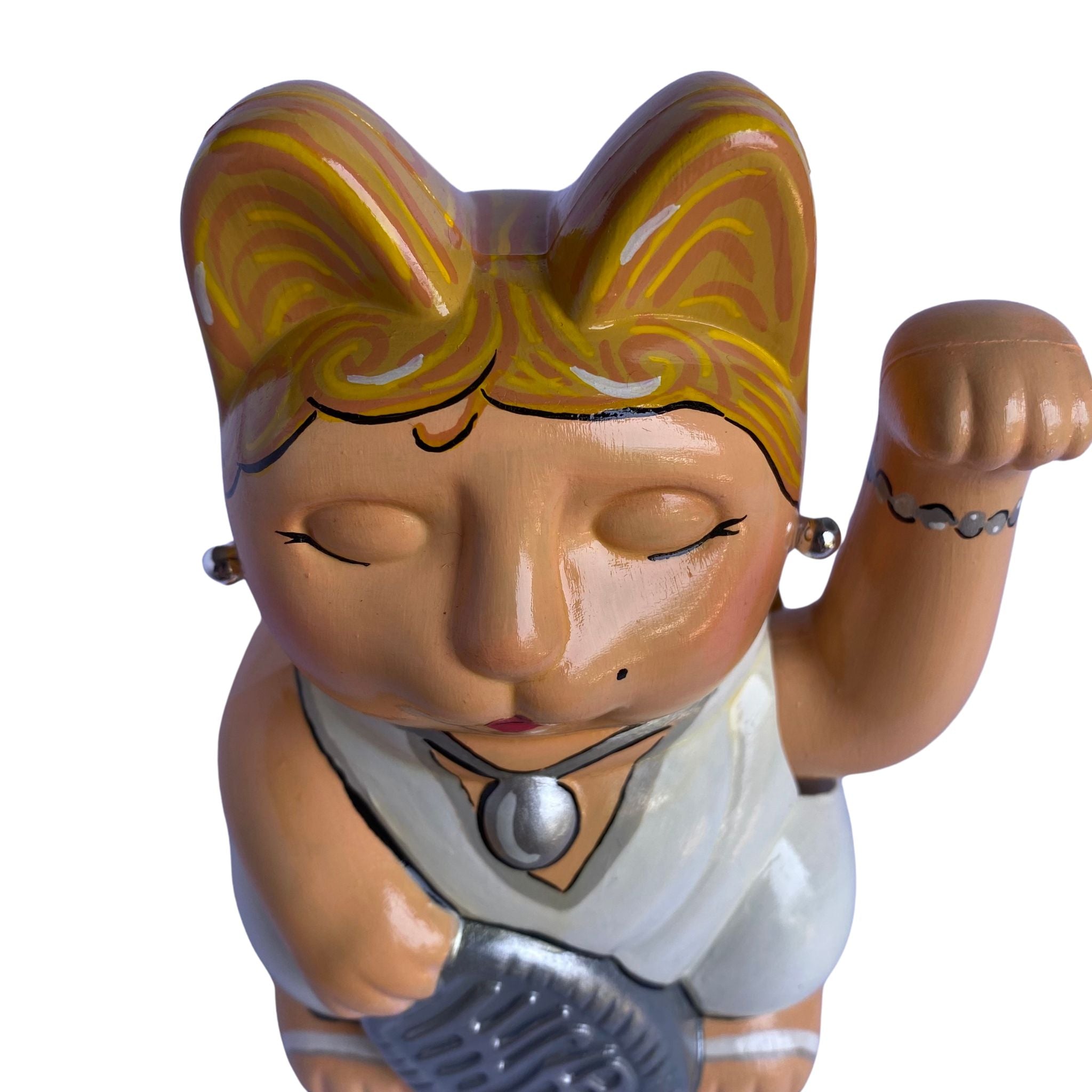 Marylin Monroe Lucky Cat close up view on a white background