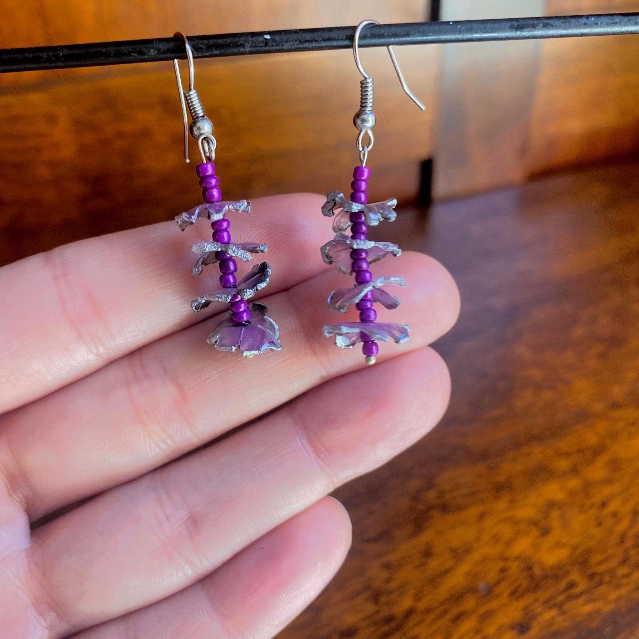Purple Beaded Dangle Earrings with Petals from Recycled Plastic - endorphin art