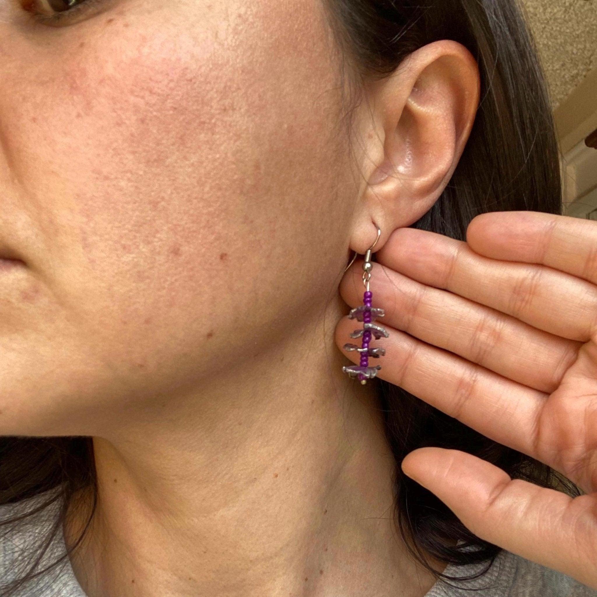 Purple Beaded Dangle Earrings with Petals from Recycled Plastic - endorphin art