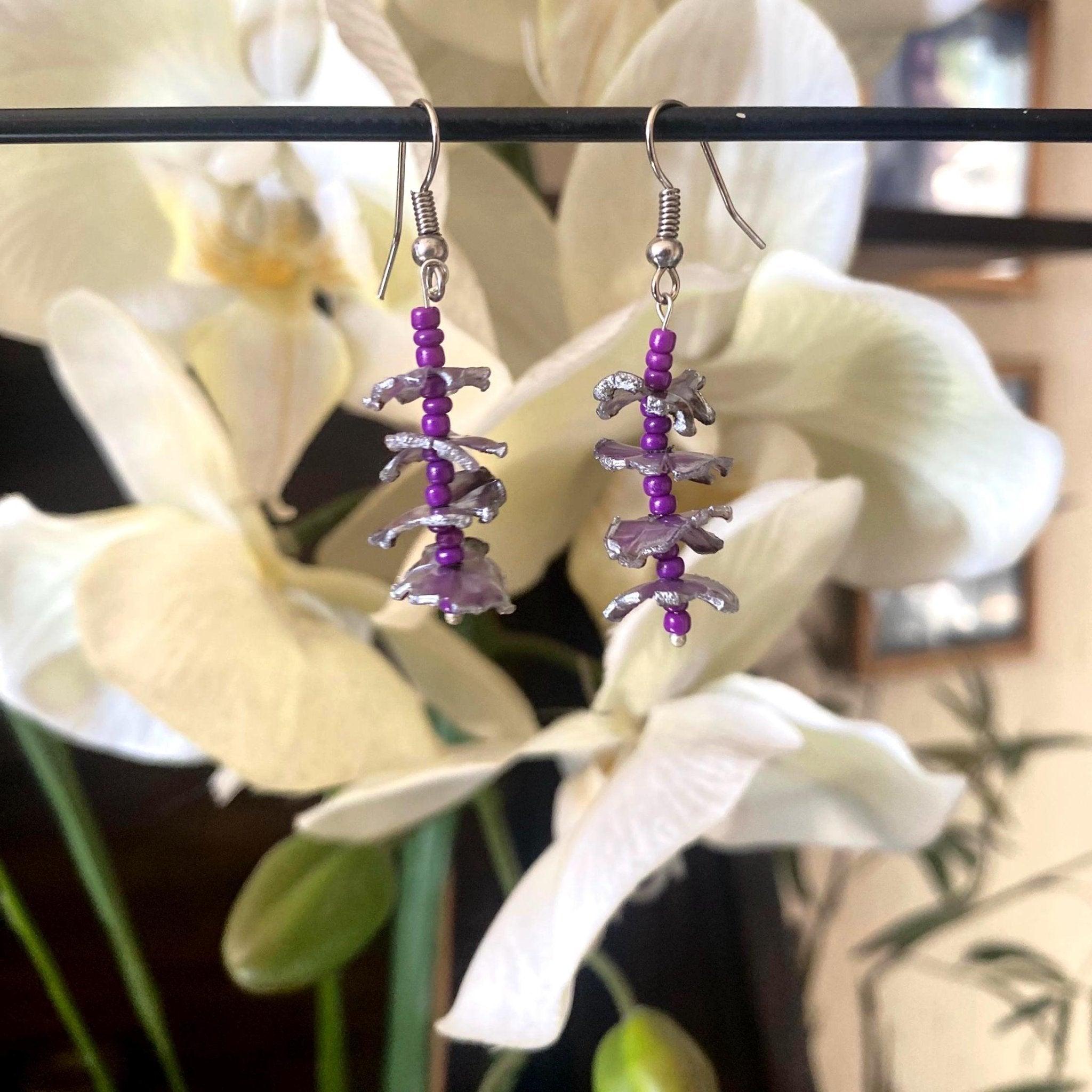 Purple Beaded Dangle Earrings with Petals from Recycled Plastic - endorphin art