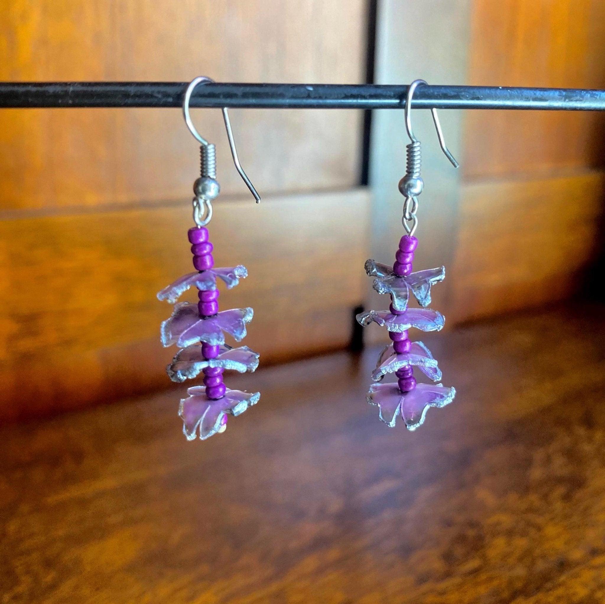 Purple Beaded Dangle Earrings with Petals from Recycled Plastic - endorphin art