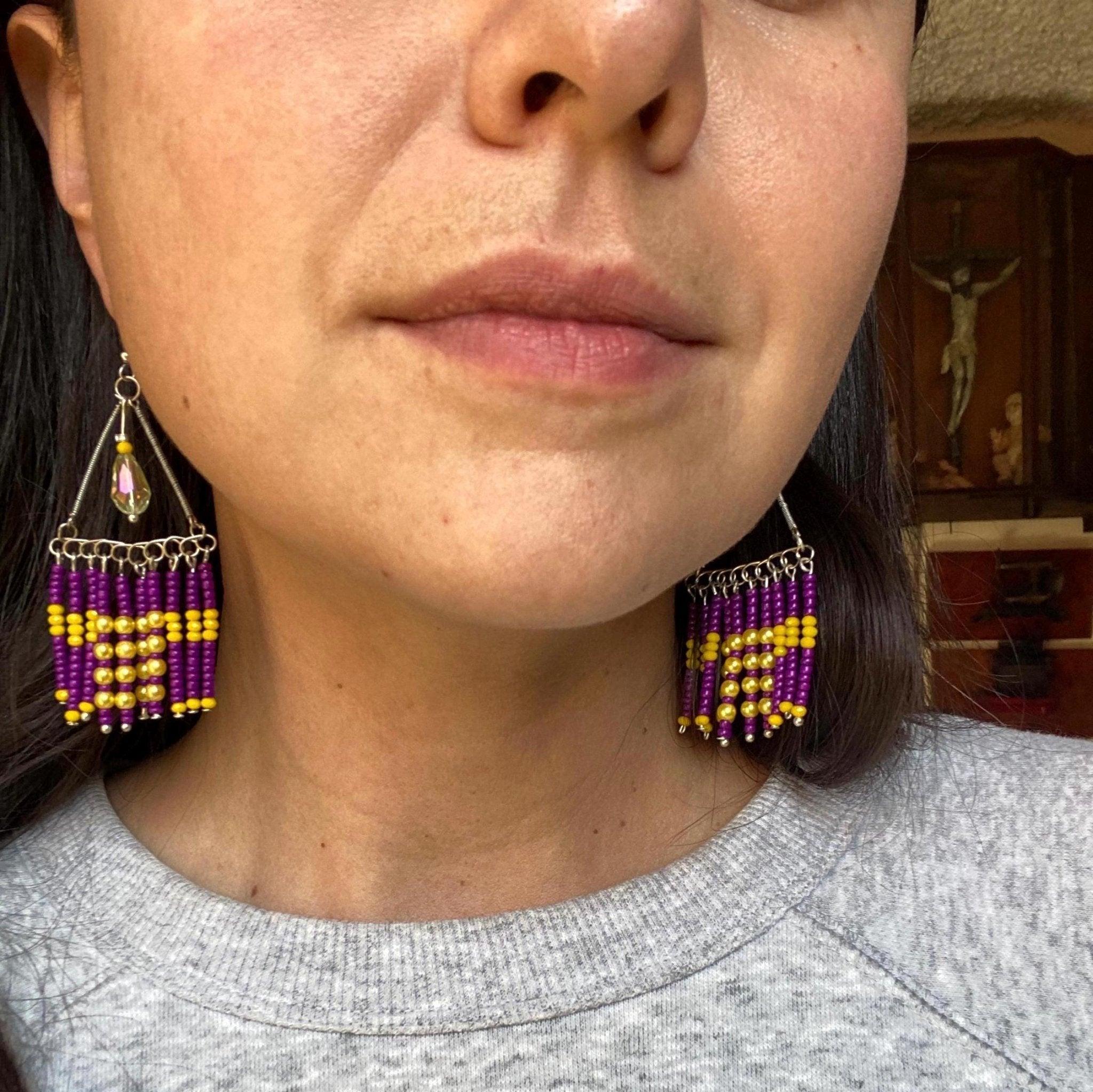 Purple Yellow Beaded Dangle Earrings - endorphin art