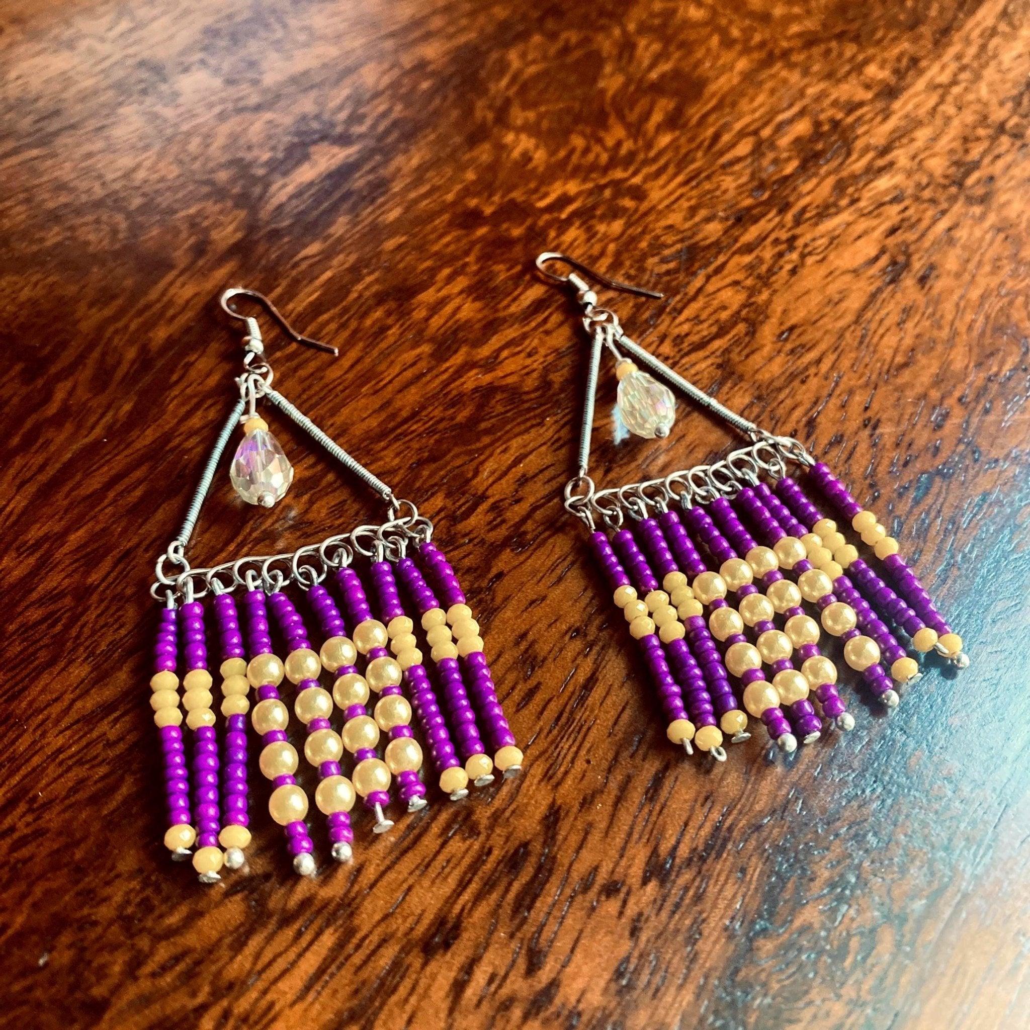 Purple Yellow Beaded Dangle Earrings - endorphin art